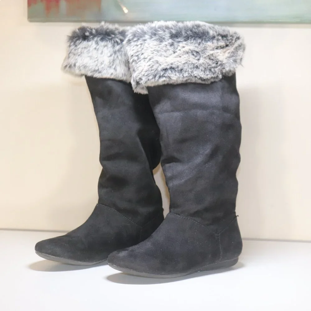 Charlotte Russe Brigitte Black Faux Suede Fur Mid Calf Knee Boots Size 6